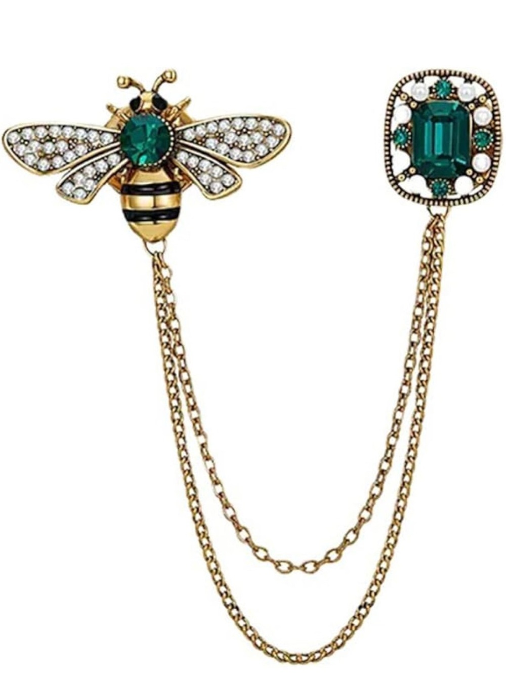 Vintage Long Tassel Gold-Tone Bee and Emerald Chain Brooch Pin